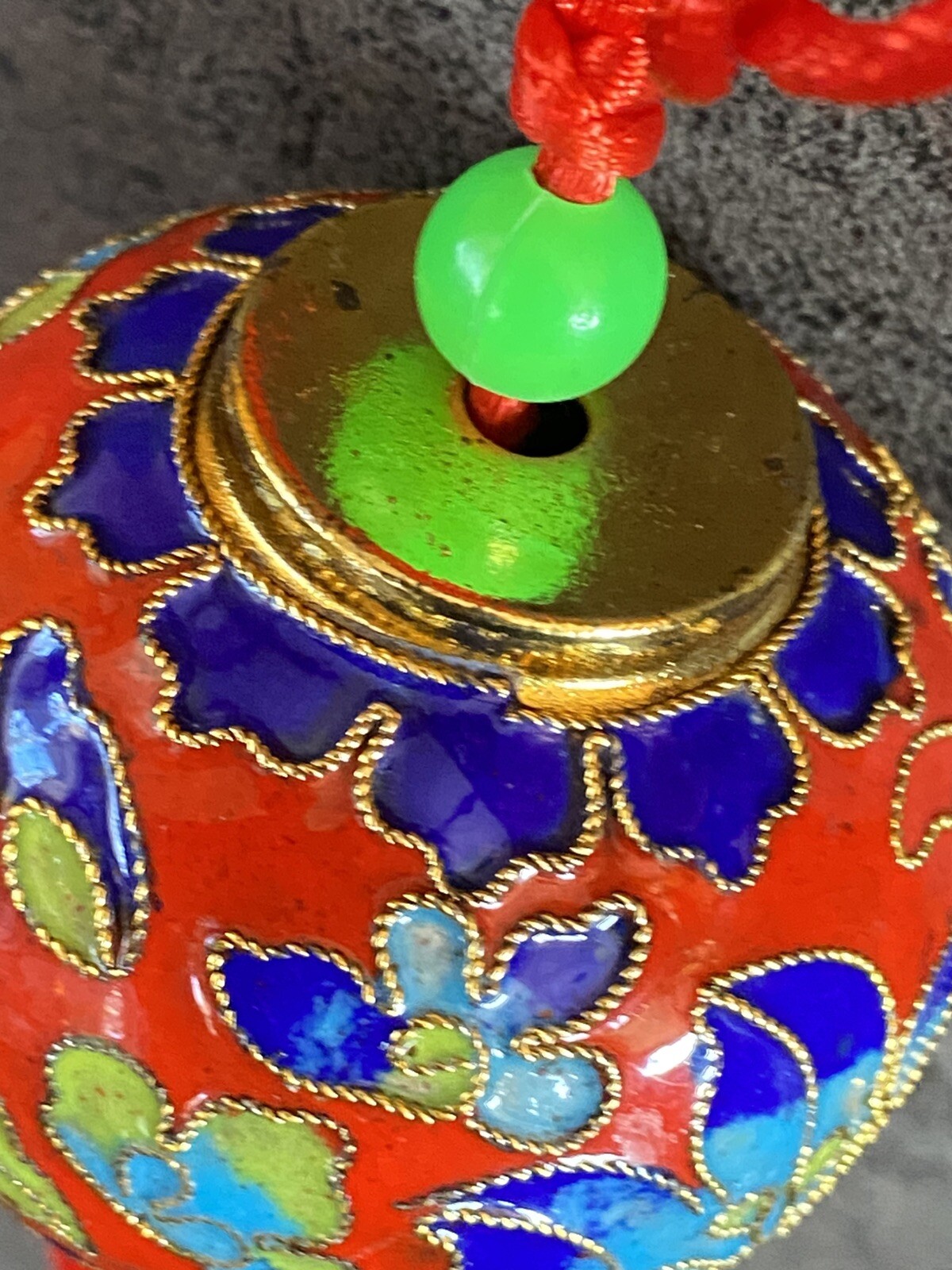 Rare Vtg Oriental Chinese Cloisonne Enamel Ball Gold Red Knot & Tassel Ornament