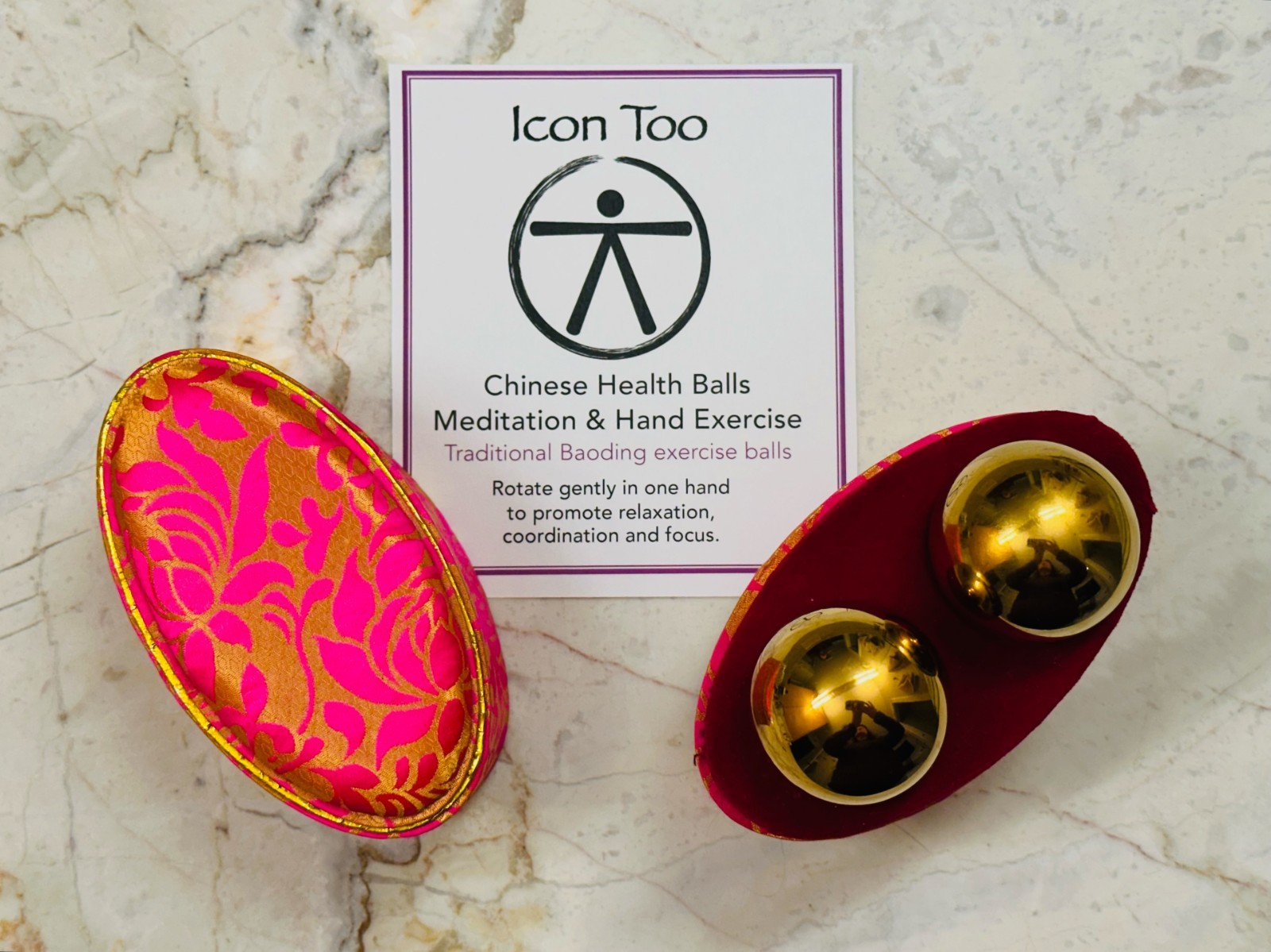 Icon Too Brass Baoding Chinese Health Balls Meditation Hand Exercise Set