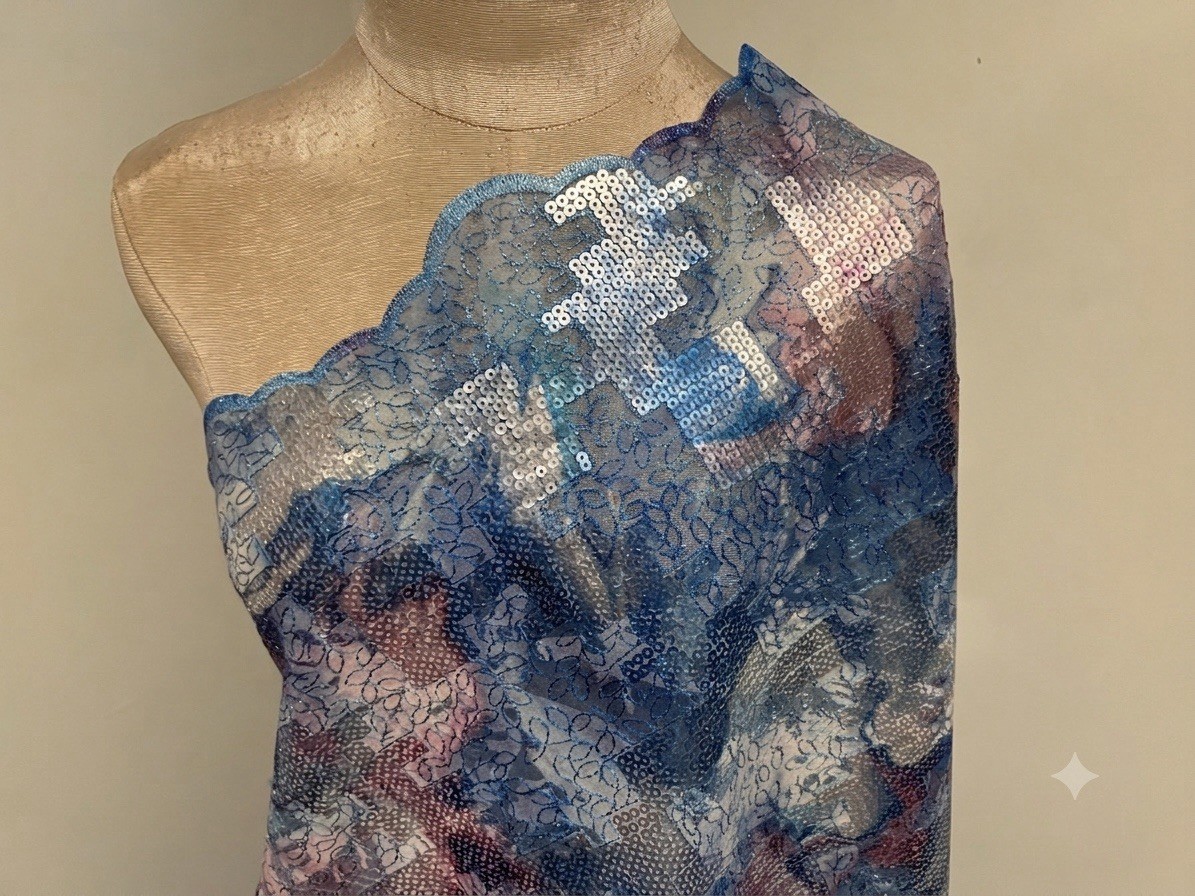 2.5 Yard Blue Pink Silver Sequins Embroidered Lace Fabric 50” Width