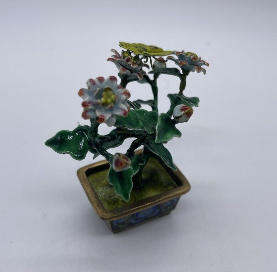 VINTAGE CHINESE METAL GUILLOCHE ENAMEL BONSAI TREE & FLOWERS with CLOISONNE POT