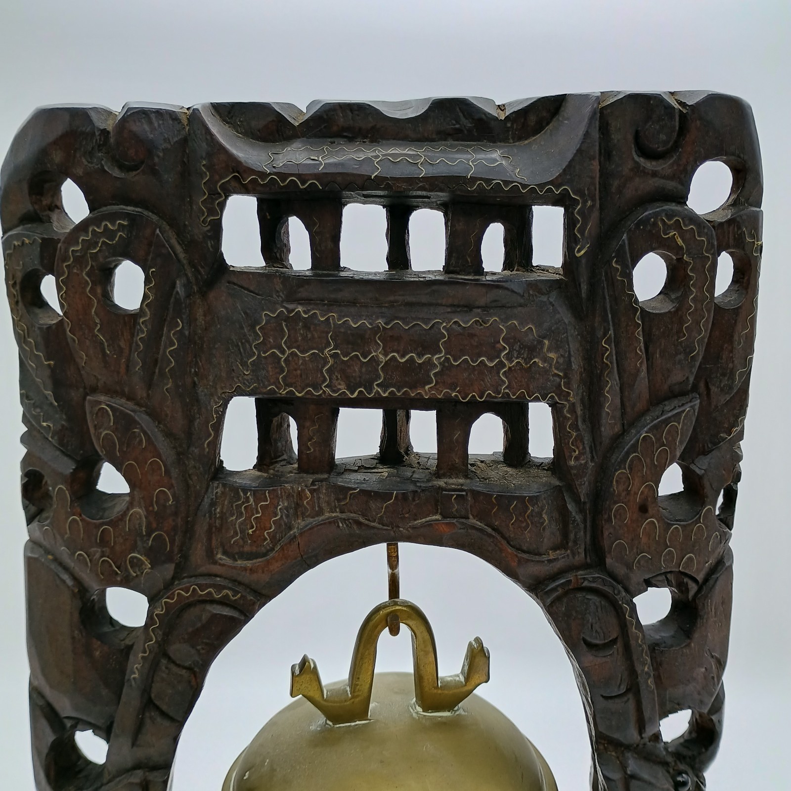 Vintage Chinese Wood Hand Carved Frame Holder With Brass Bell Dragon