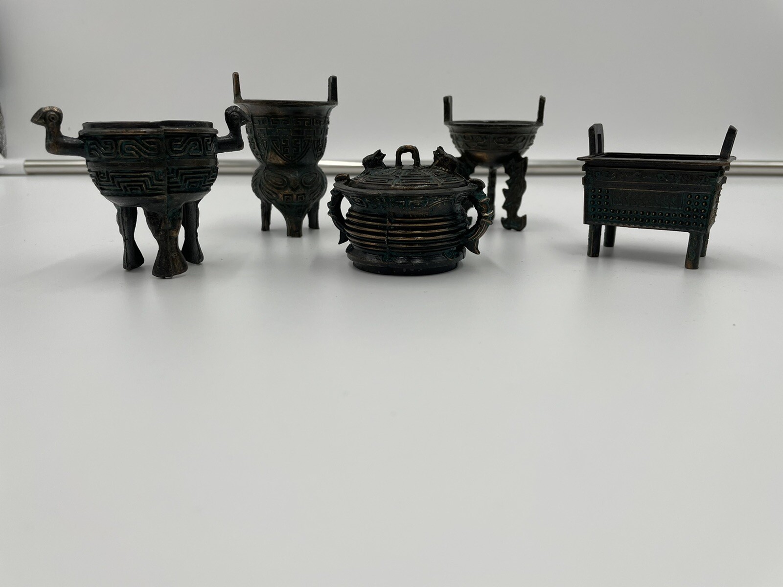 Vintage Chinese Bronze Tripods, Set of 5 Unique Vessels, Miniature Reproductions