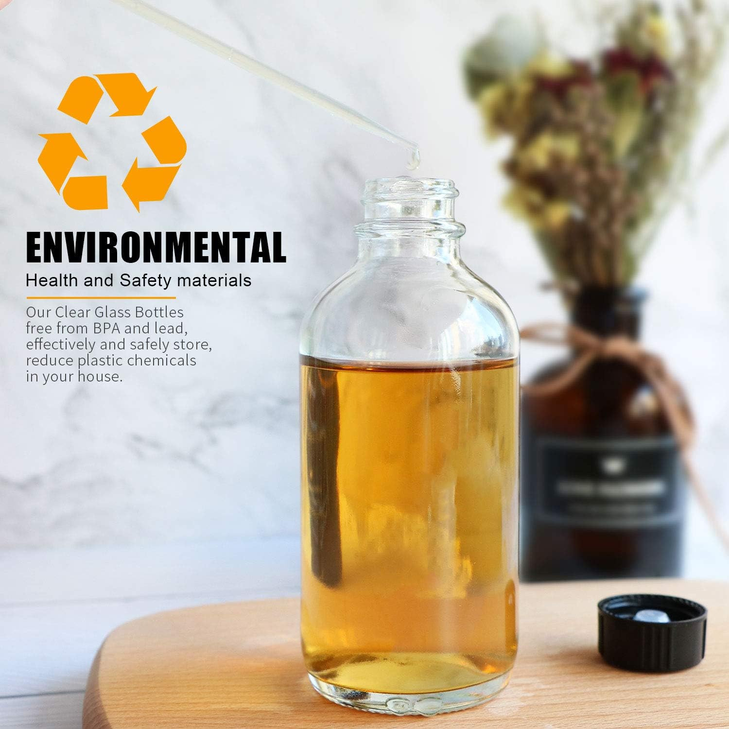 8Oz Clear Glass Bottles, 20 Pack Glass Storage Bottles with Black Lids (20 Label