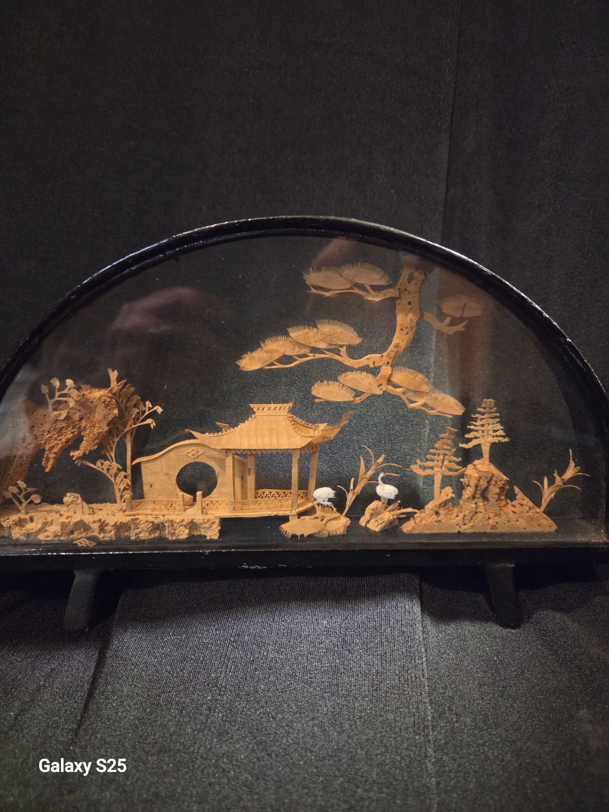Vintage Chinese Cork Art Diorama Cranes Pagoda Trees Hand Carved in Glass Case