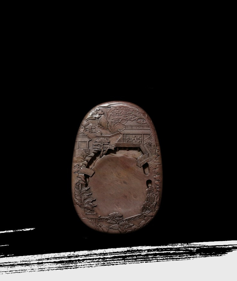 8″China Natural Original Stone Hand-carved House Figure Scenery Inkstone Inkslab