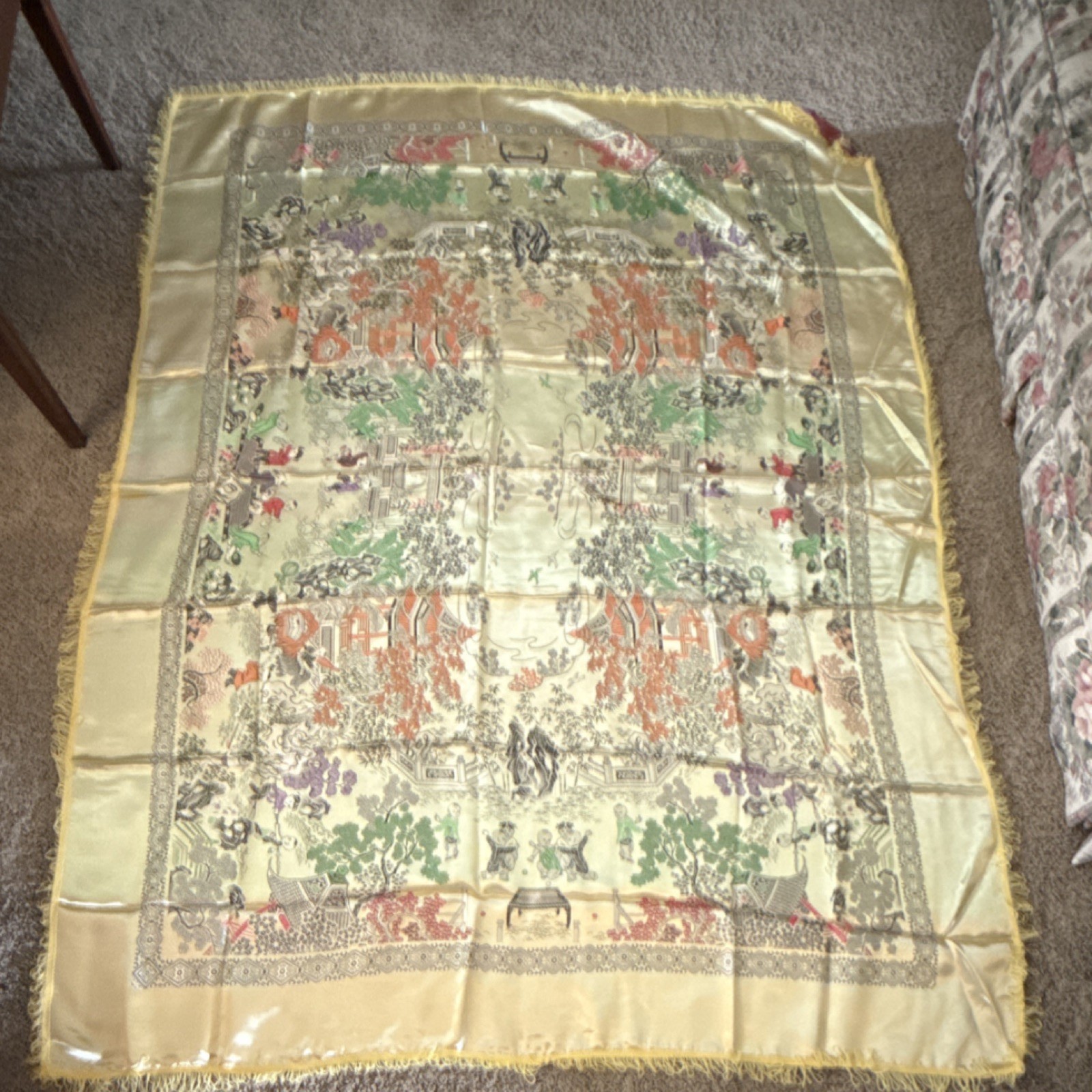 Large Vintage 1970s Chinese Silk Brocade Tablecloth – 58″ x 78″ – Unused NOS