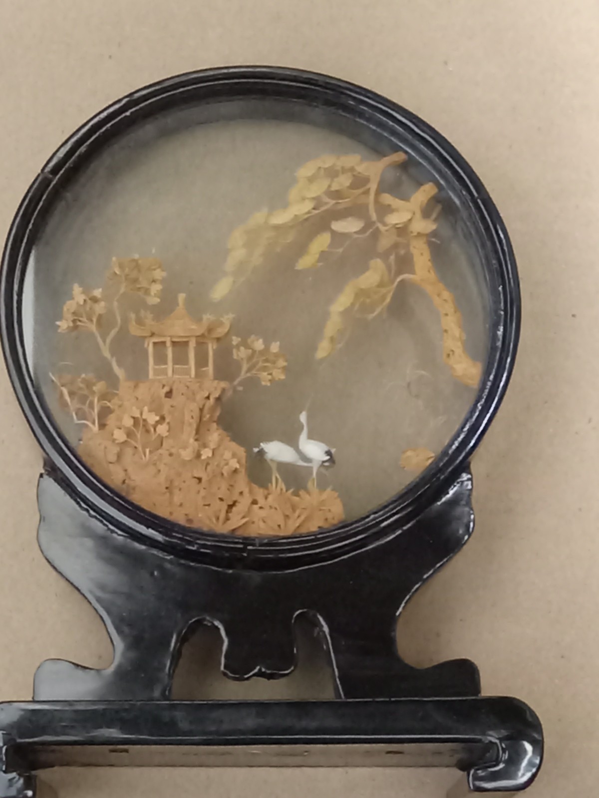 Vintage Chinese Diorama with Cranes Pagoda & Trees Carved Cork Black Lacquer 8″