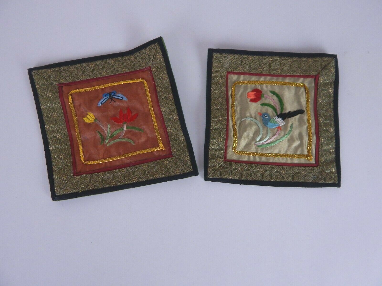 Vintage Chinese Silk Hand Embroidered Bird & Flowers 5.5″ Set of 2 Unframed