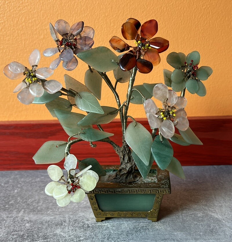 Vintage Chinese Jade Amethyst Carnelian Quartz Flowers Tree Brass Pot Marked