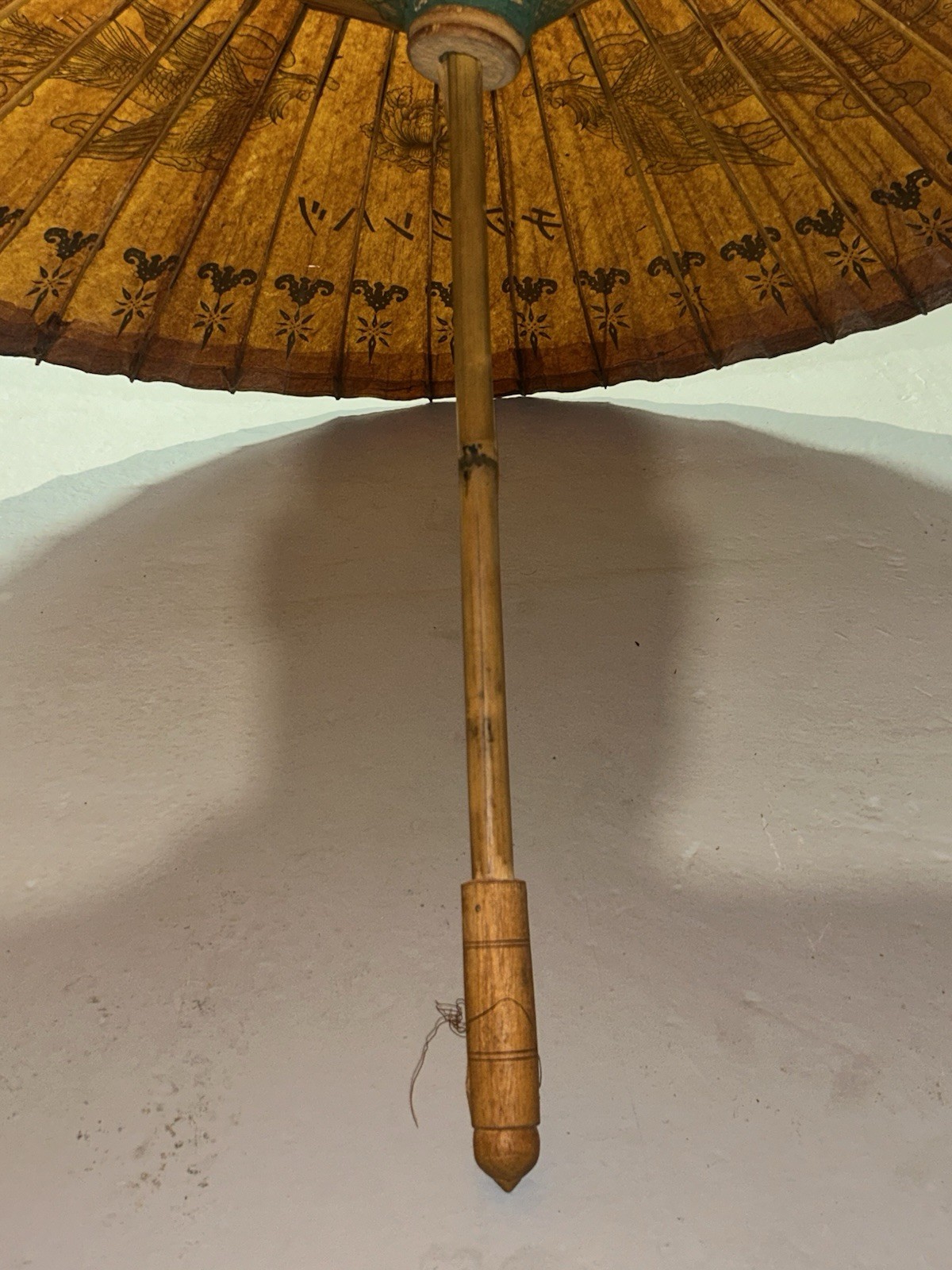 (2) Vintage Hand Painted Oriental Bamboo Rice Paper Umbrella Parasol Wood Handle