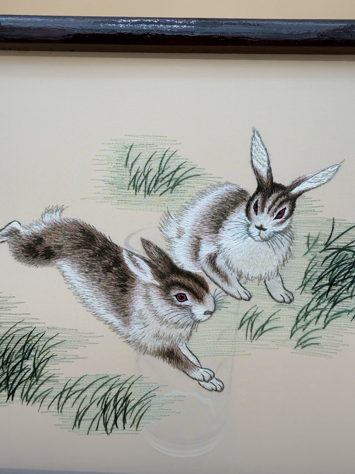 Early 1980s Chinese Double-Sided Silk Embroidery Spring Hares Framed Art