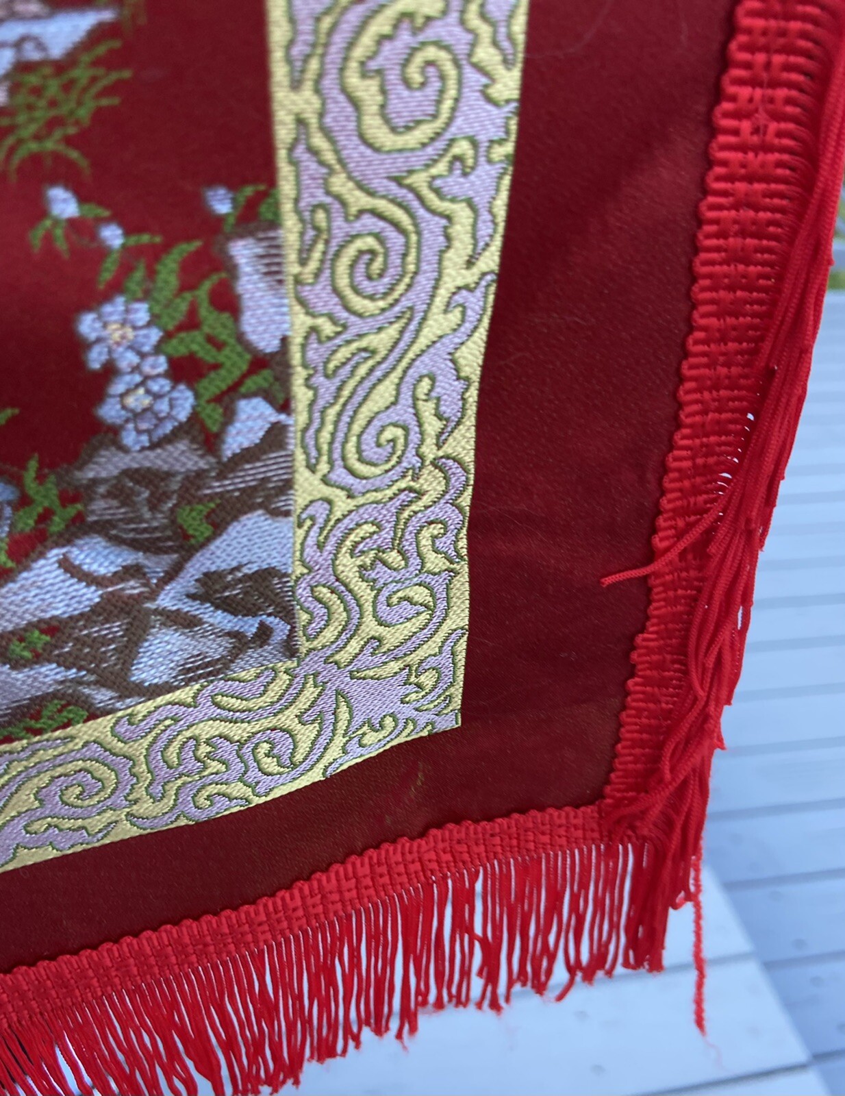 Vintage Silk Brocaded Flowers China Tapestry or Table Cloth Vivid Colors Fringe