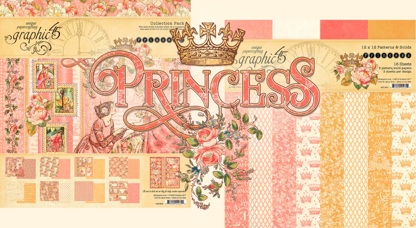 GRAPHIC 45 PRINCESS COMPLETE COLLECTION ~ PRECIOUS PINKS CROWNS GOLD