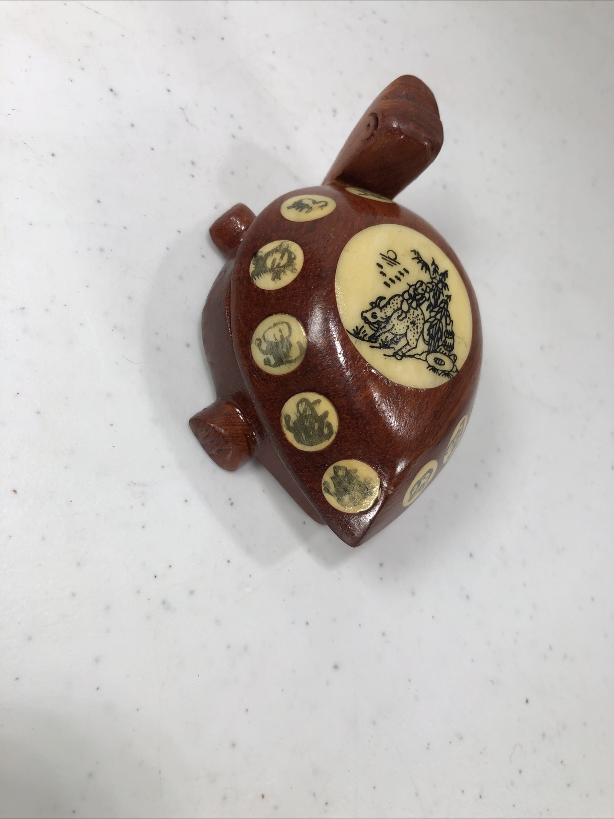 Vintage Carved Wood Turtle with Inlaid Chinese Zodiac Signs Opens to Compass