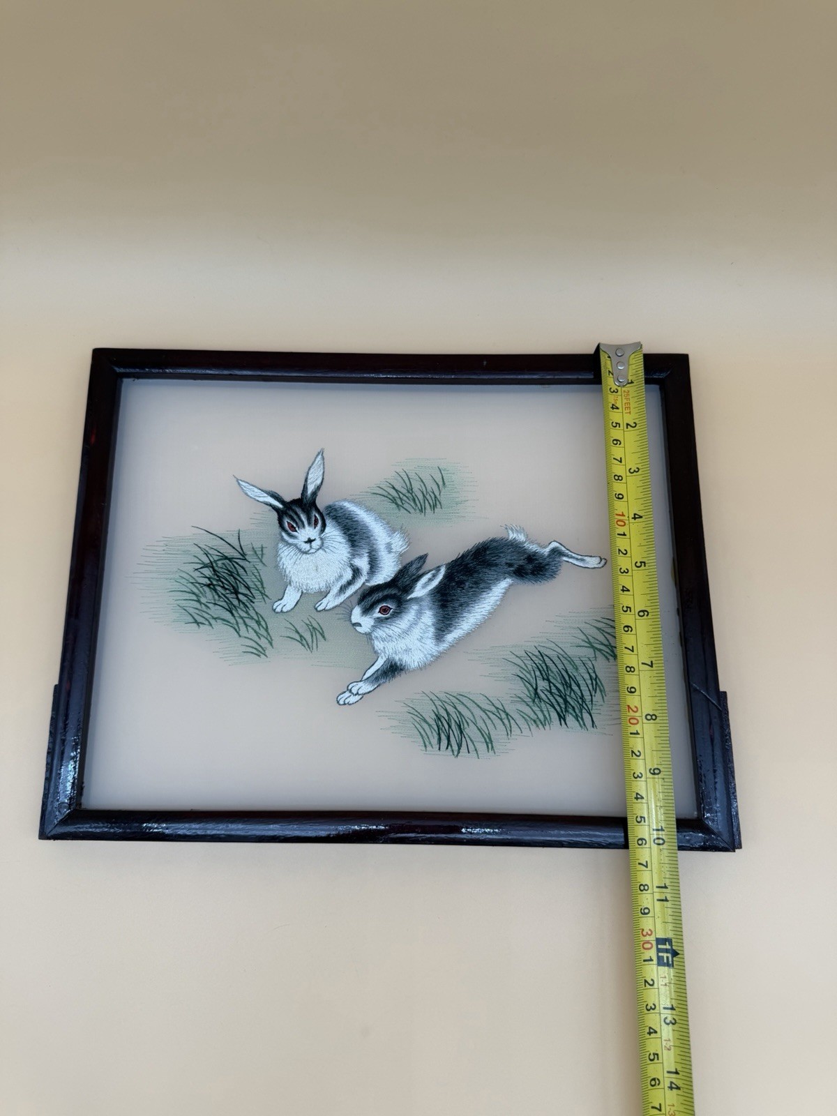 Early 1980s Chinese Double-Sided Silk Embroidery Spring Hares Framed Art