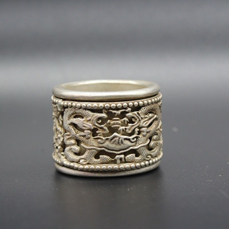 Vintage Rotating Dragon Thumb Ring, Antique Silver-Plated Alloy