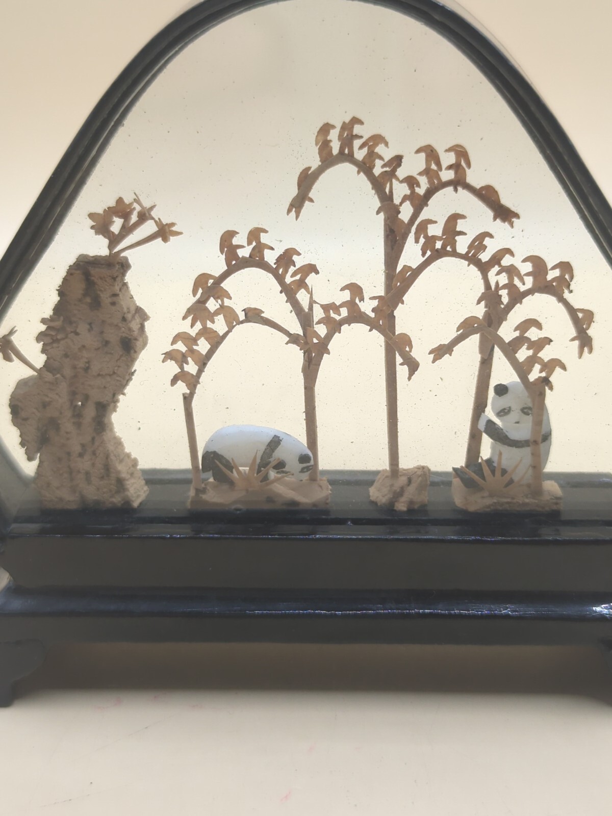 Vintage 2 Hand Carved Cork Diorama of Storks And Pandas in Black Lacquer Frames