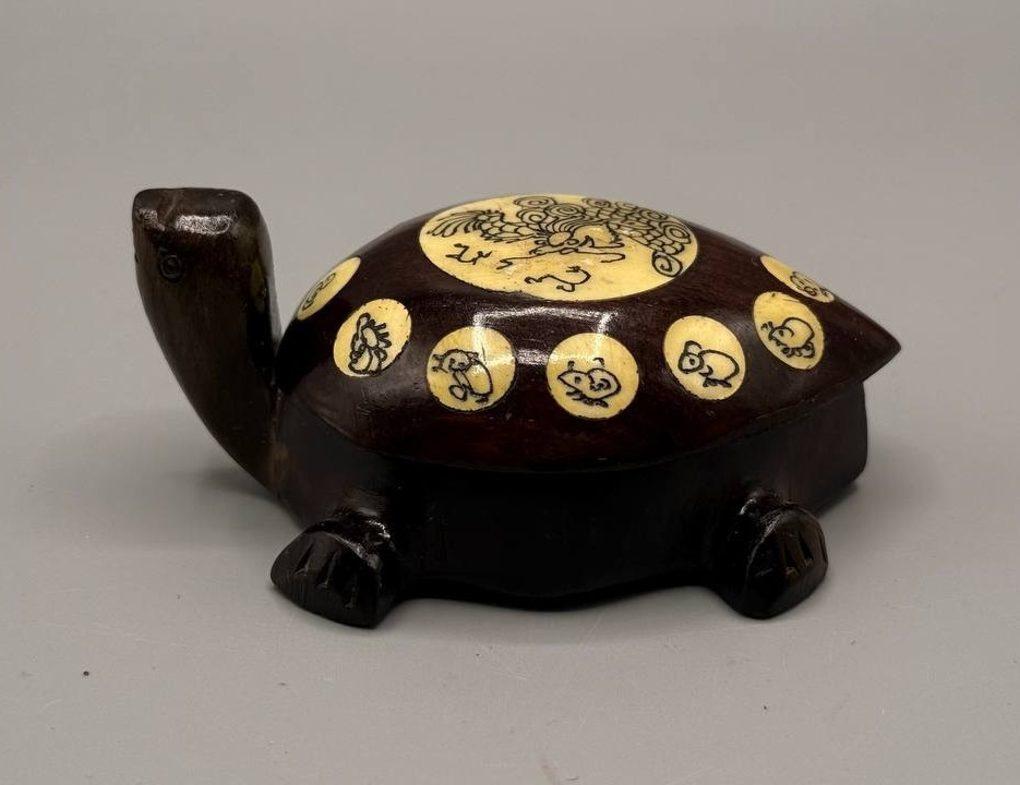 Vintage Carved Wood Turtle with Chinese Zodiac Compass – Functional Inlay