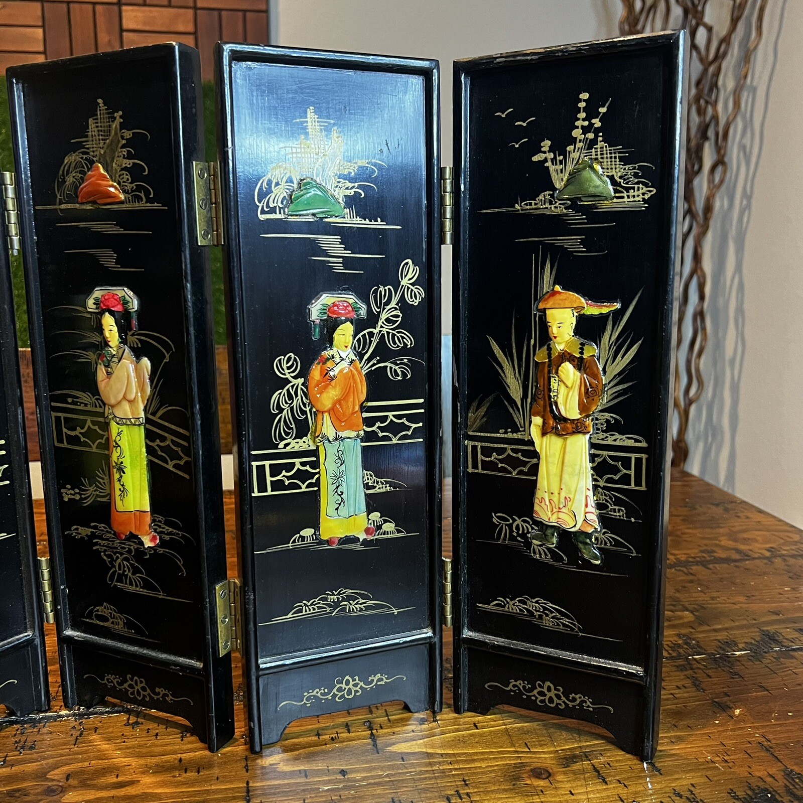 Vintage Mini Asian Chinese Lacquer Table Top Folding Screen Carved Stones Rare