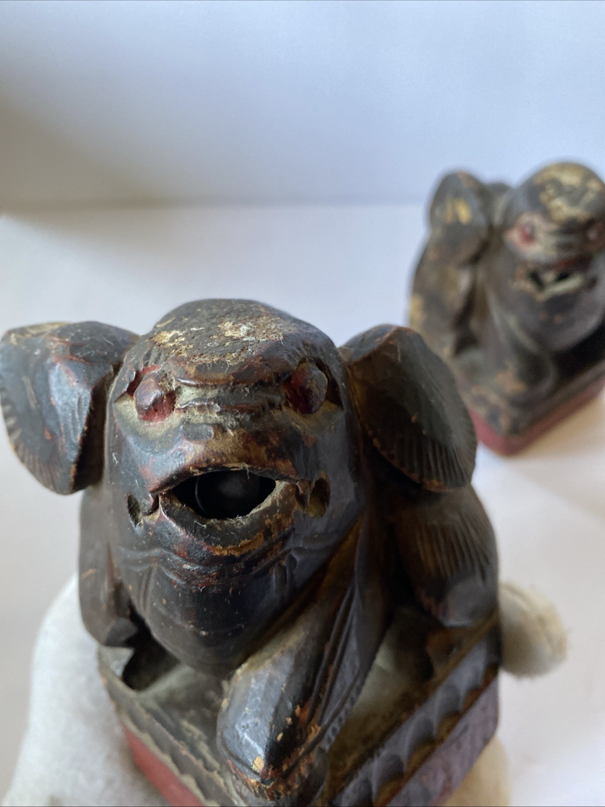 Pair Antique Chinese Hand Carved Wood Foo Dog Creature Statue Rattle