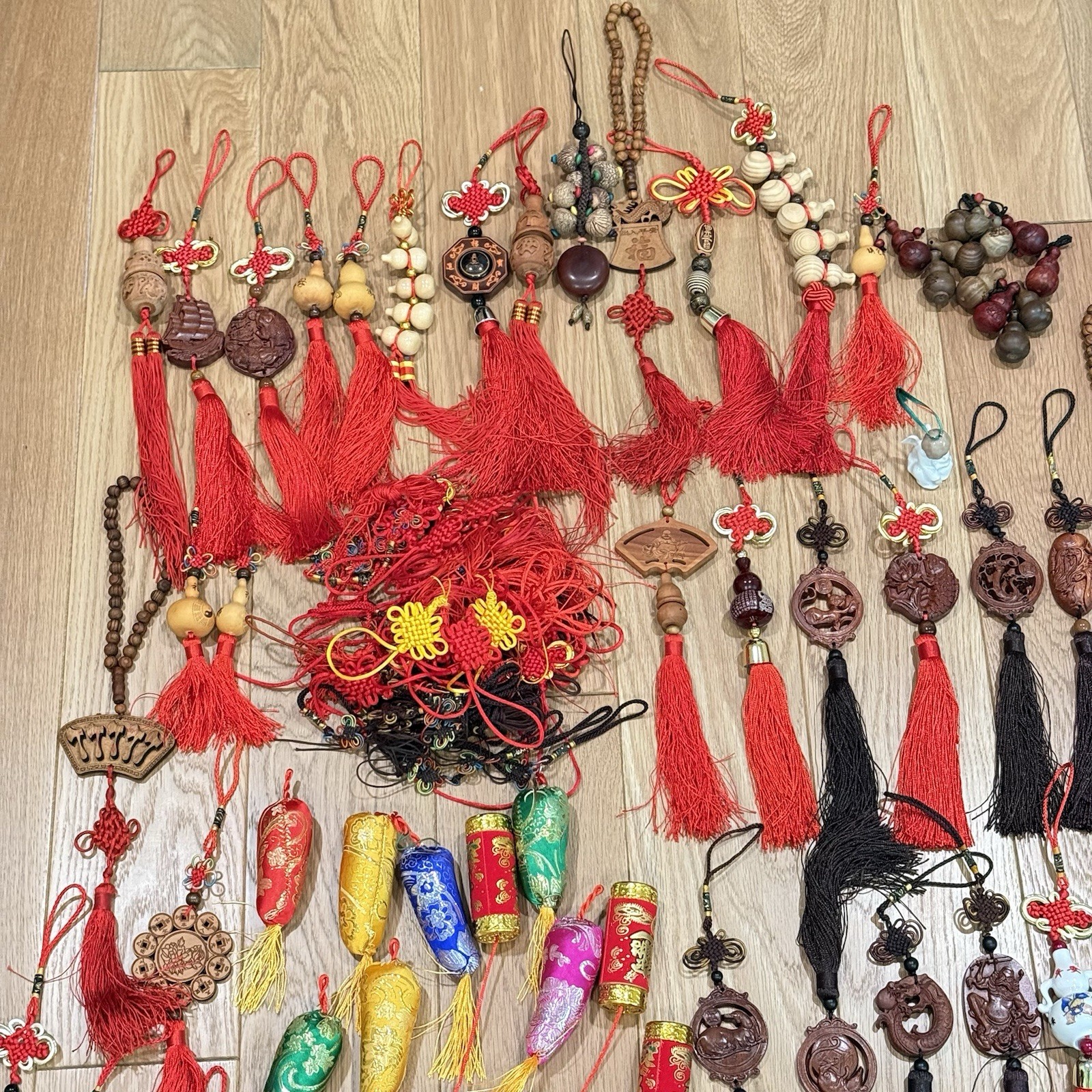 LOT OF Chinese Asian Good Luck Wall Hanging Wood Carve Porcelain Ornament Tassel