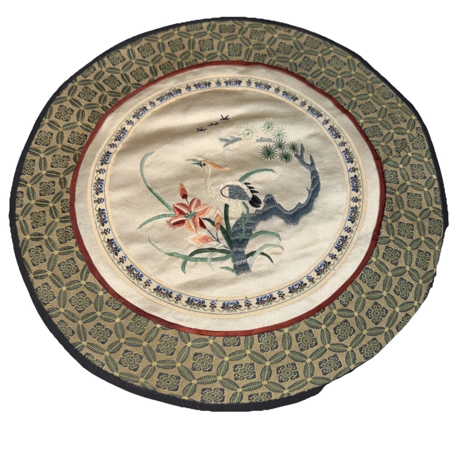 Chinese Hand Embroidered 100% Silk Round Tapestry Mat Birds
