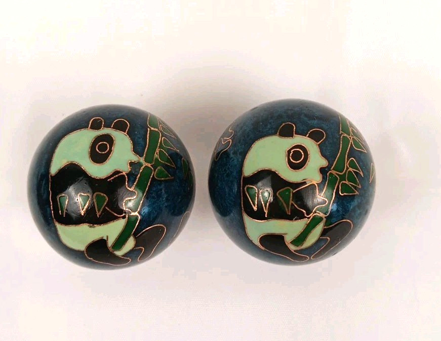 2 VTG Chinese Baoding Balls Chime Meditation- Shou Xing 1985 Panda & Longevity