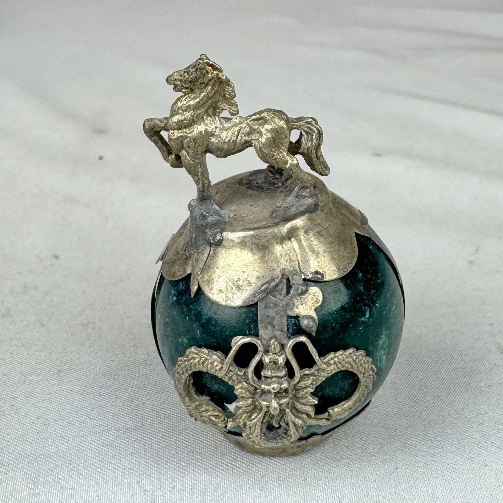 Vintage Chinese Zodiac HORSE Green Marble Orb, Pewter/Tin Finial, Dragon Motif