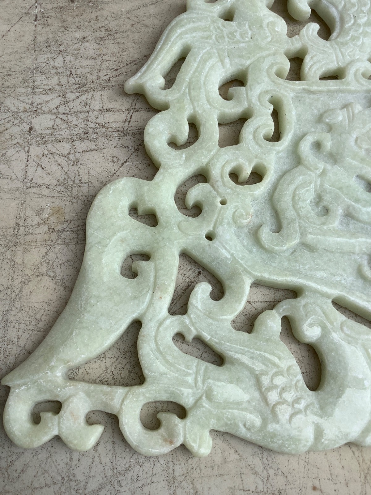 9.5″ Chinese OLD HAND CARVED JADE GREEN ONYX Plaque DRAGONS PHOENIX FISH