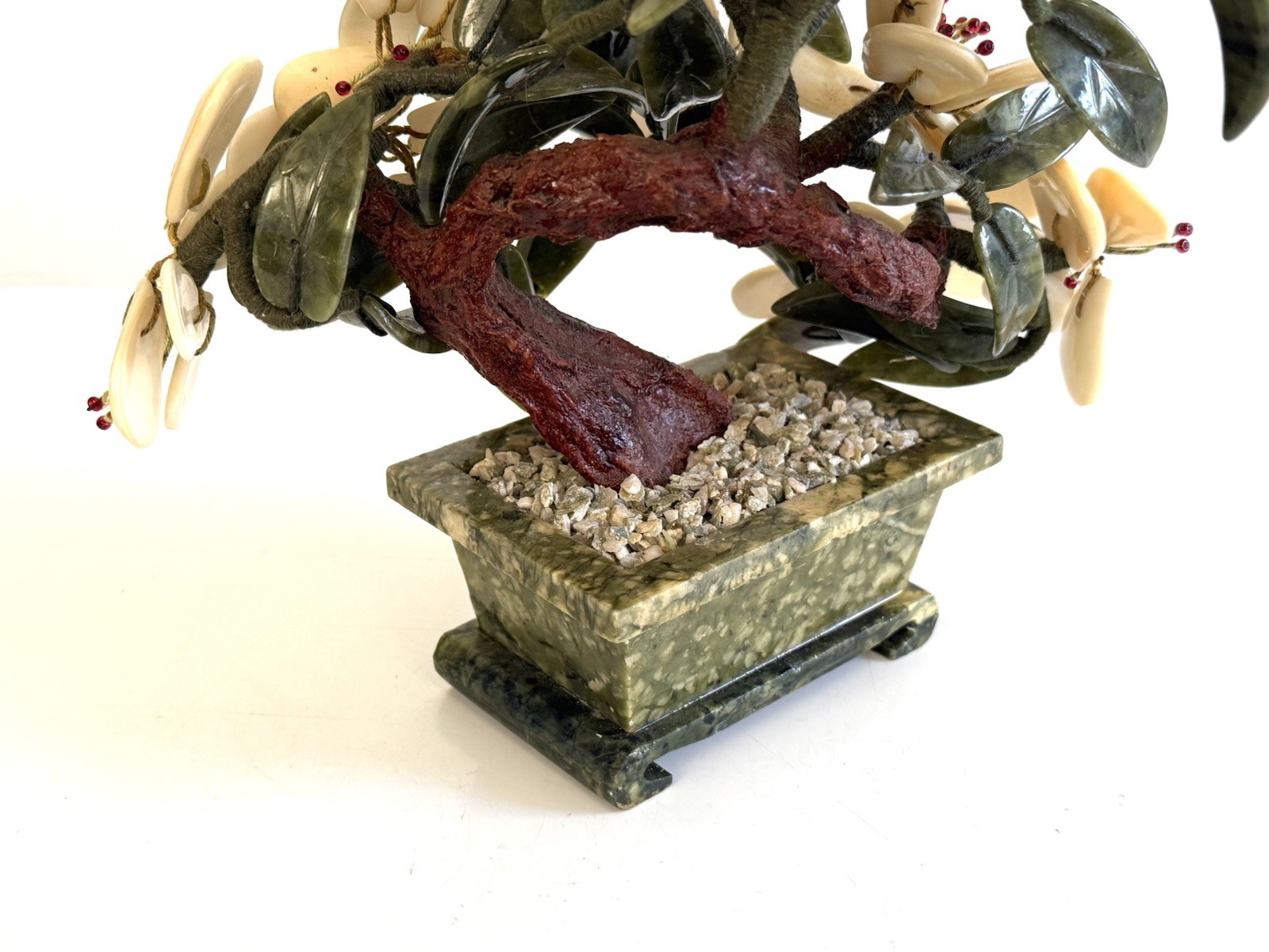 VTG Bonsai Tree Jade Pot Carved Semi Precious Stone Quartz Agate Flowers Blossom