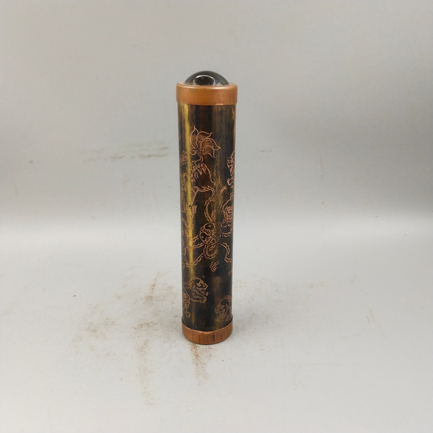 7.5″ old copper carved lion foo fu dog See Wonderful Scene optical kaleidoscope