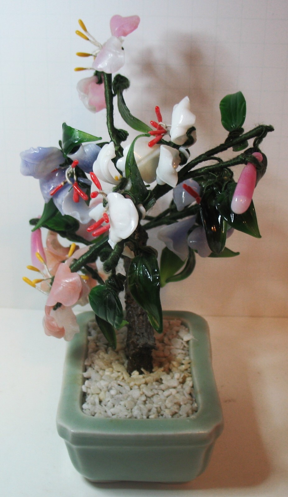 Victorian Era Chinese Jade Flowered Bonsai Tree in Celedon Planter