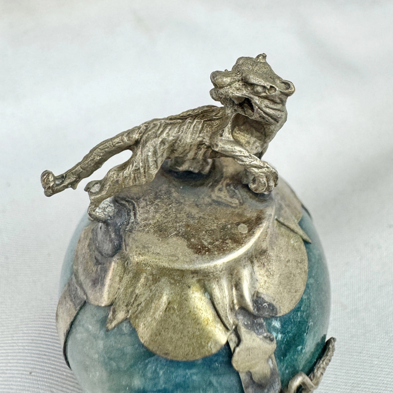 Vintage Chinese Zodiac TIGER Green Marble Orb, Pewter/Tin Finial and Dragon M…