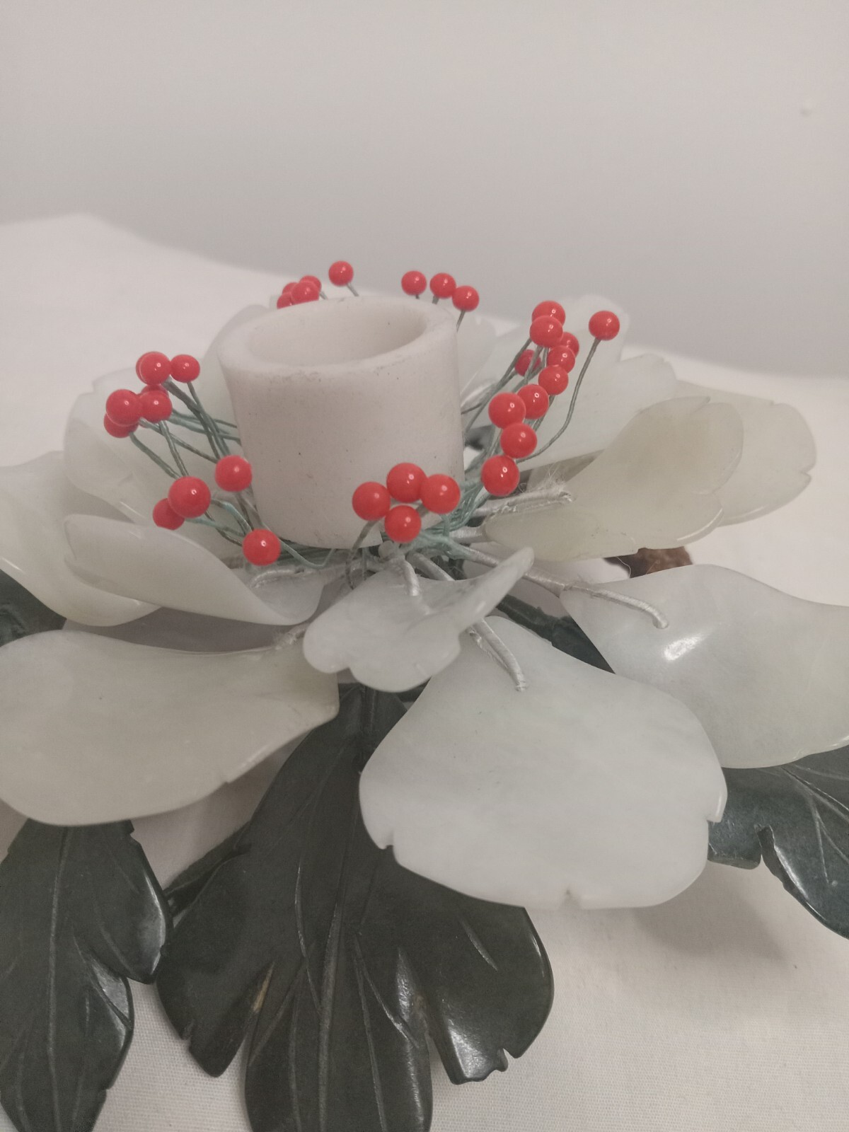 Vintage Carved Jade Carnelian Stone Lotud Flower Candle Holder Centrepiece China