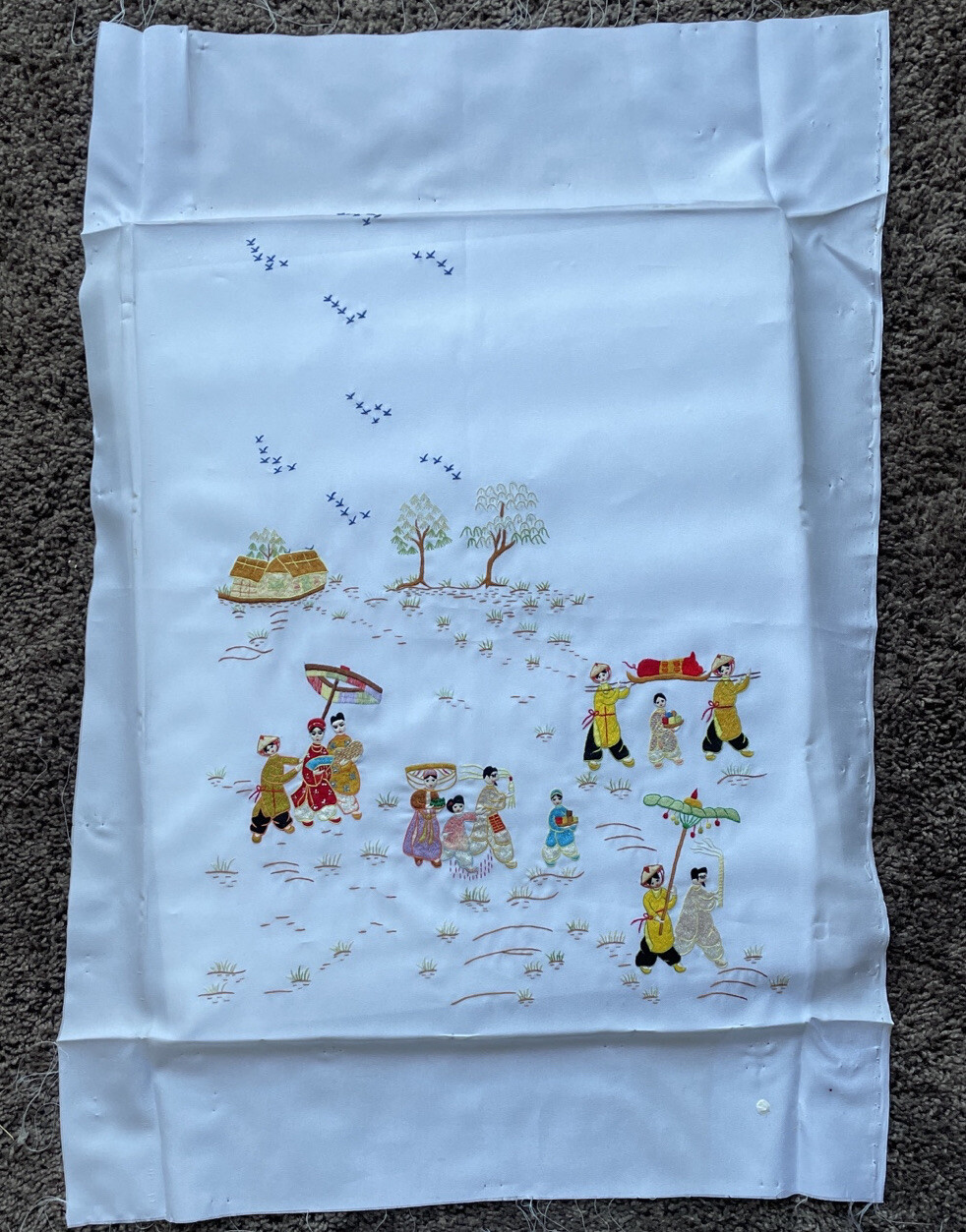 Asian Silk Hand Embroidered Cloth Village People Unframed Finished Needlepointed
