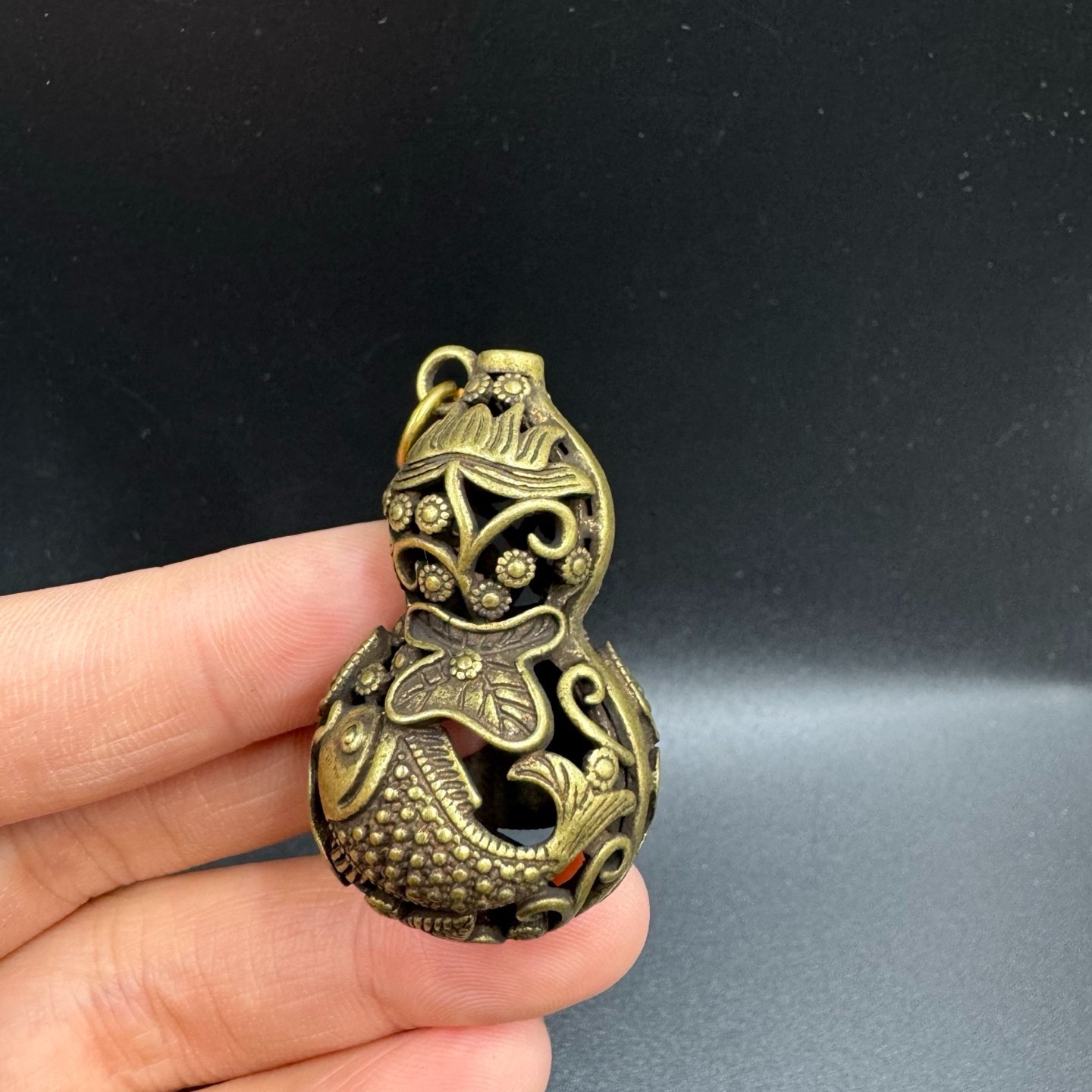 Vintage Brass Hollow Gourd Pendant Carp Lotus Fish Lucky Wealth Feng Shui Charm