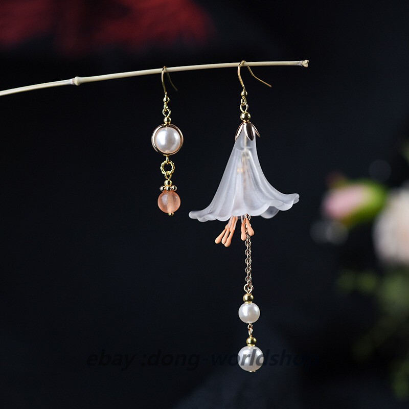 Chinese Coloured Glaze/Pearl Asymmetric Flower Tibetan Style Earbob Earrings