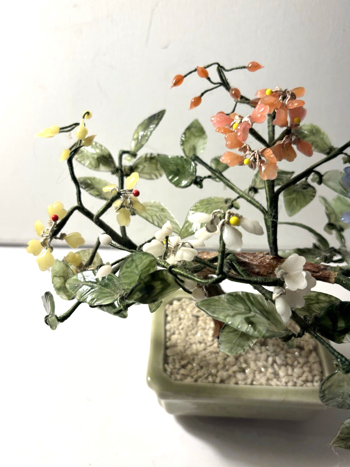 Vintage Bonsai Tree Multicolor Flowers Leaves Carved Blooms Asian