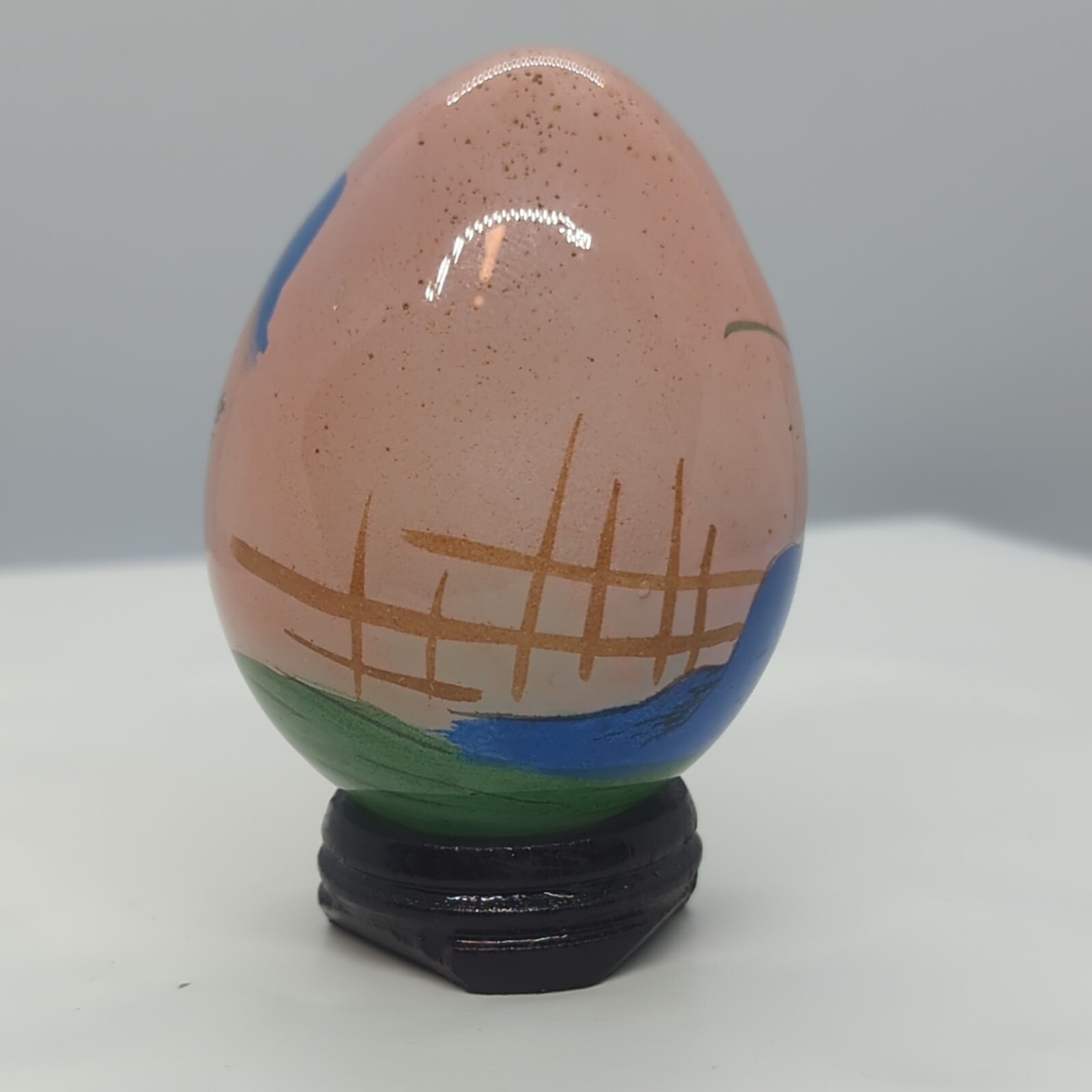 Chinese Reverse Hand-painted Art Glass Egg Depicting White Goat w/Stand 3.25″H