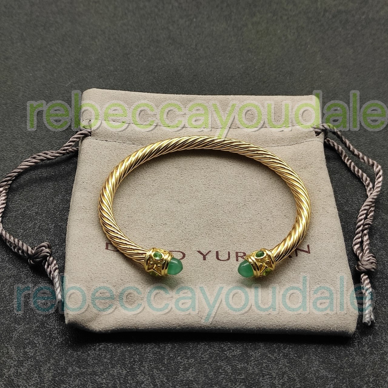NewDavldYurman.Drman Genderless Spiral Silver Green Stone Bracelet M 7.5″