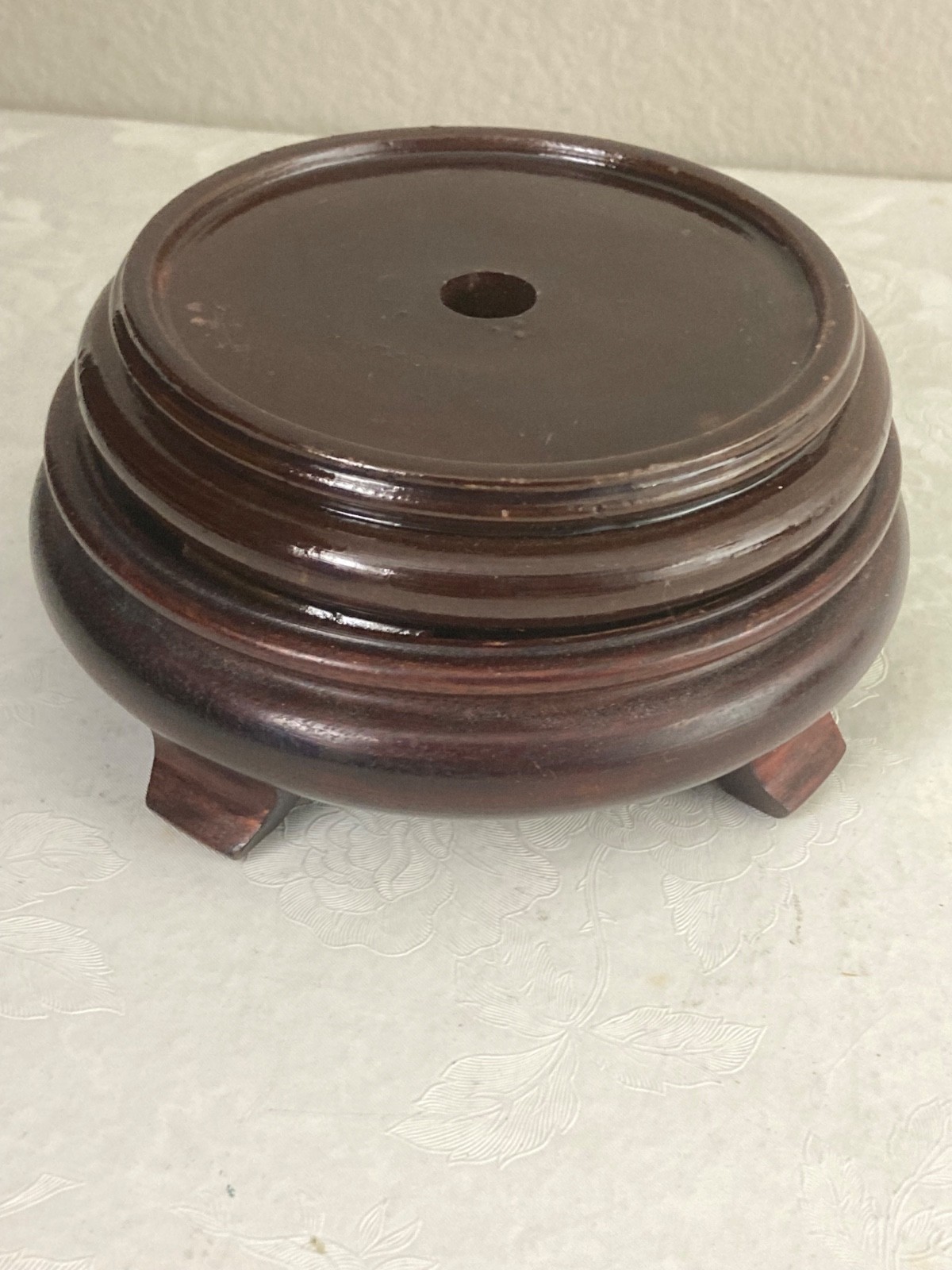 2 Asian Rosewood Hand Carved Round Bases- one w/hole, 2nd solid, 3 footed