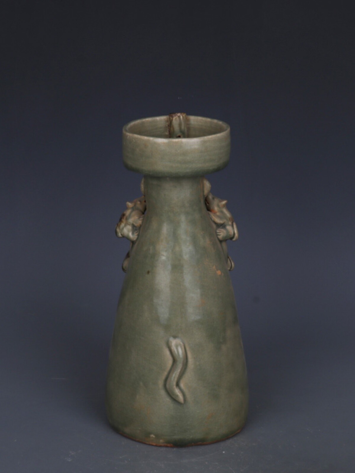 10.8″ Chinese Yue Kiln Green Glaze Porcelain Stippling Animal Five Mice Oil Lamp
