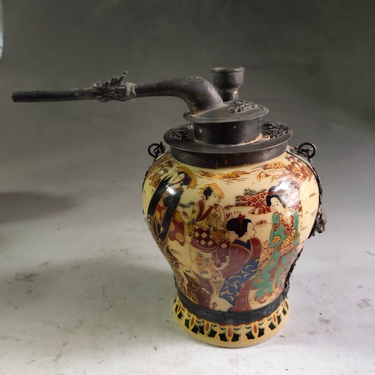 Antique Chinese Pure Copper Ceramic Hookah Hand Painted Figure Collectible