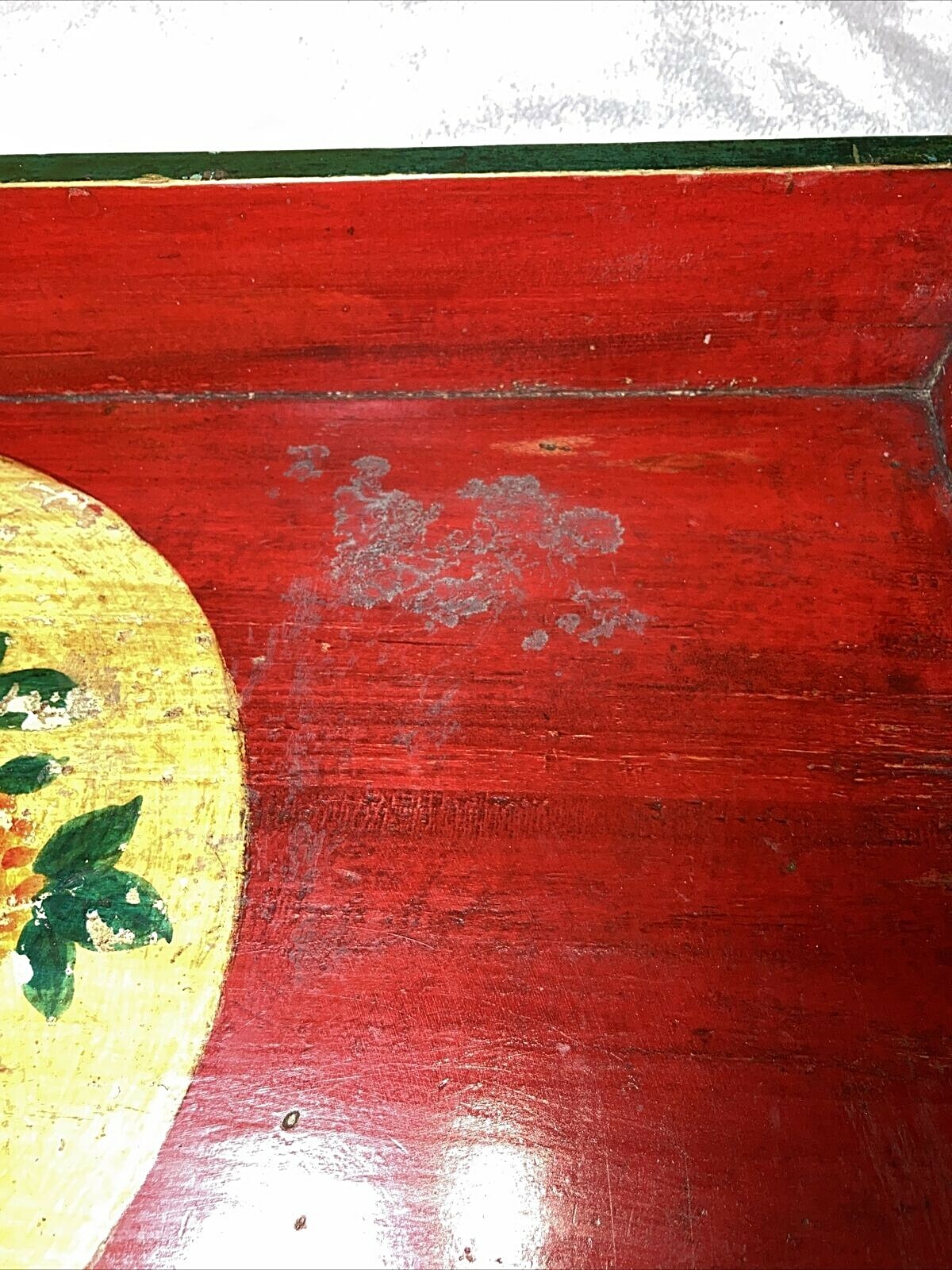 Asian / Chinese antique red green lacquer peony wood serving tray 26”