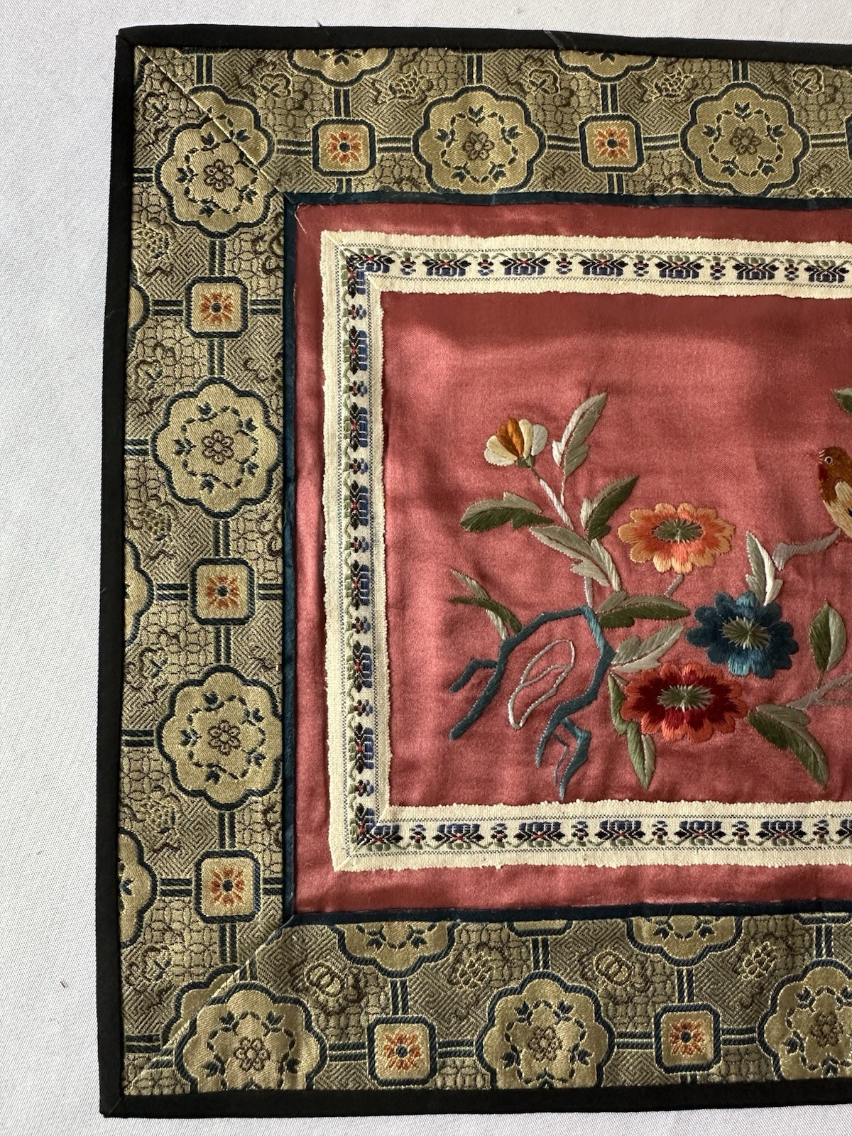 Vintage Chinese Silk Embroidered Square Textile Panel Patch 11×10 Floral Bird