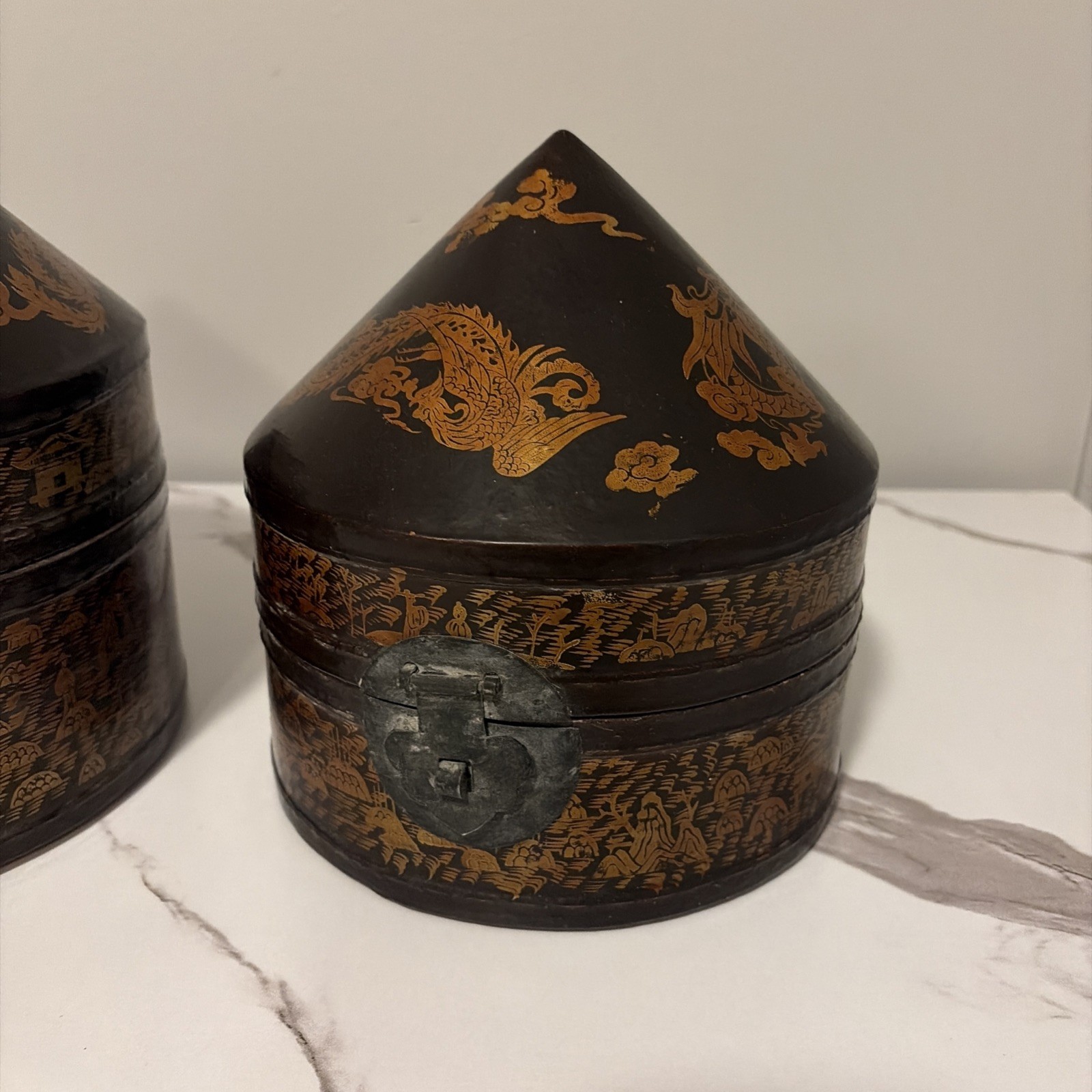 Oriental Vintage Lacquer Wooden Caddy Dresser Case Set Dragons