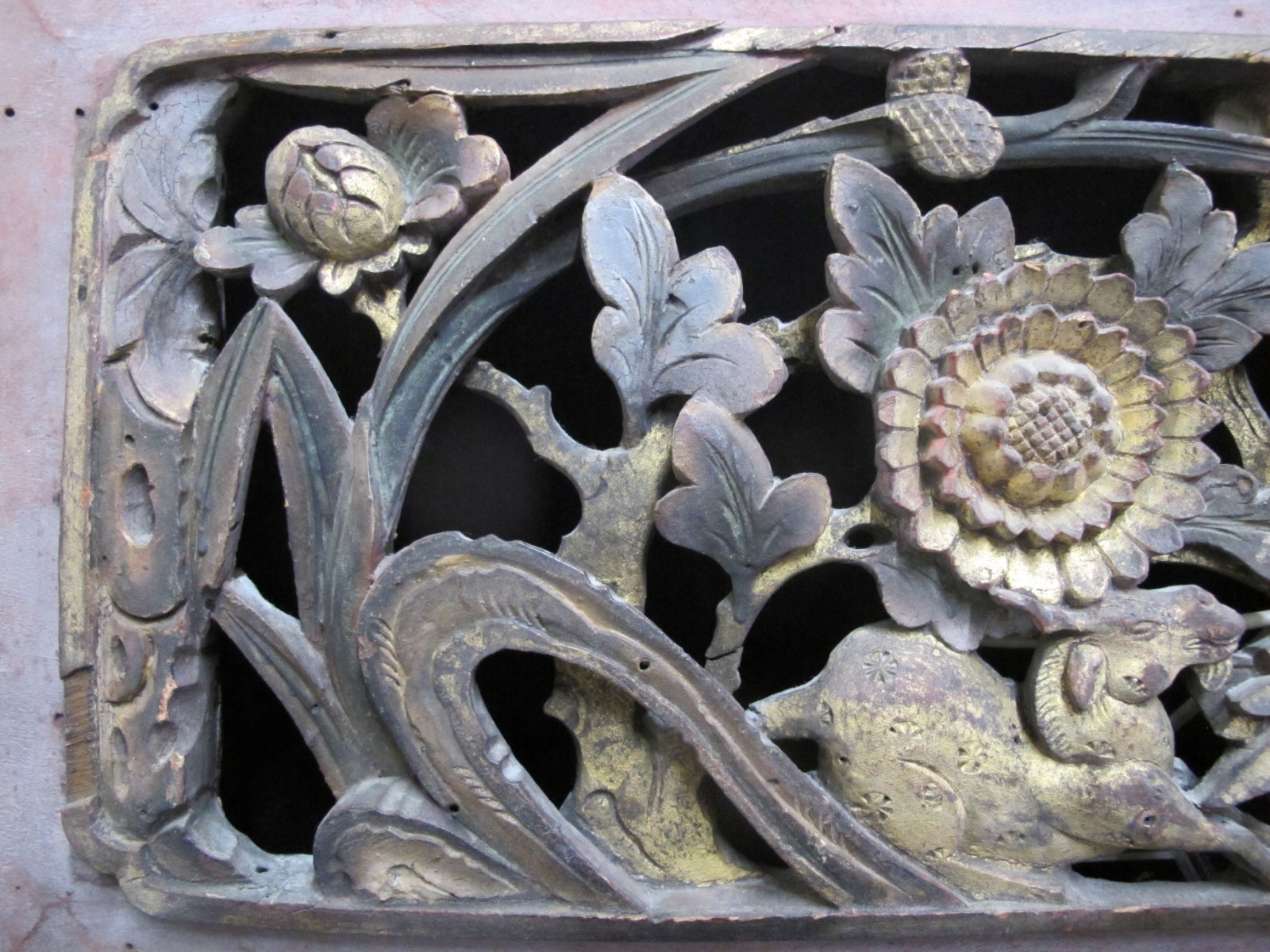 CHINESE Carved Pierced Gilt Wood GOAT Animal Flower & BIRD Art Wall Panel