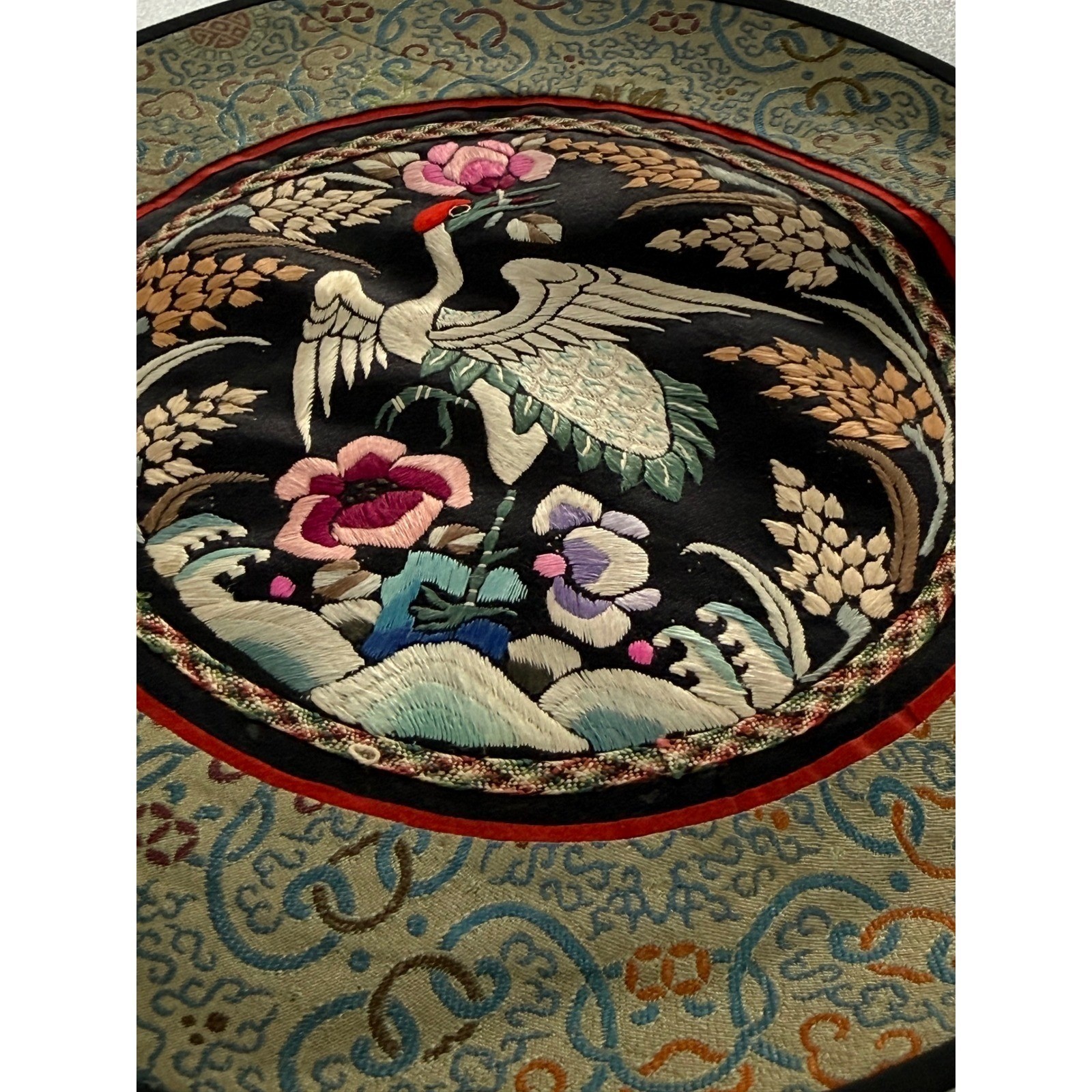 Vintage Chinese Silk Embroidery Rank Badge Roundel Crane Floral 8.5 Inch