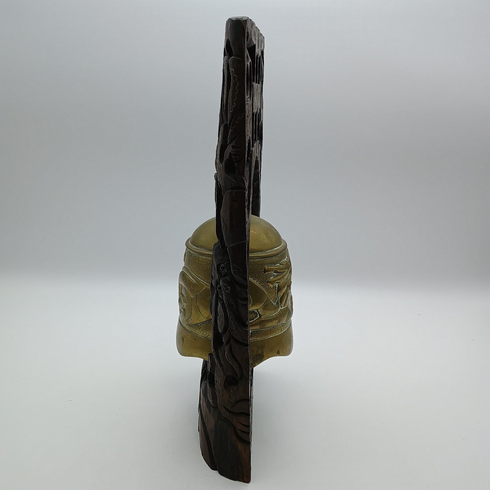 Vintage Chinese Wood Hand Carved Frame Holder With Brass Bell Dragon
