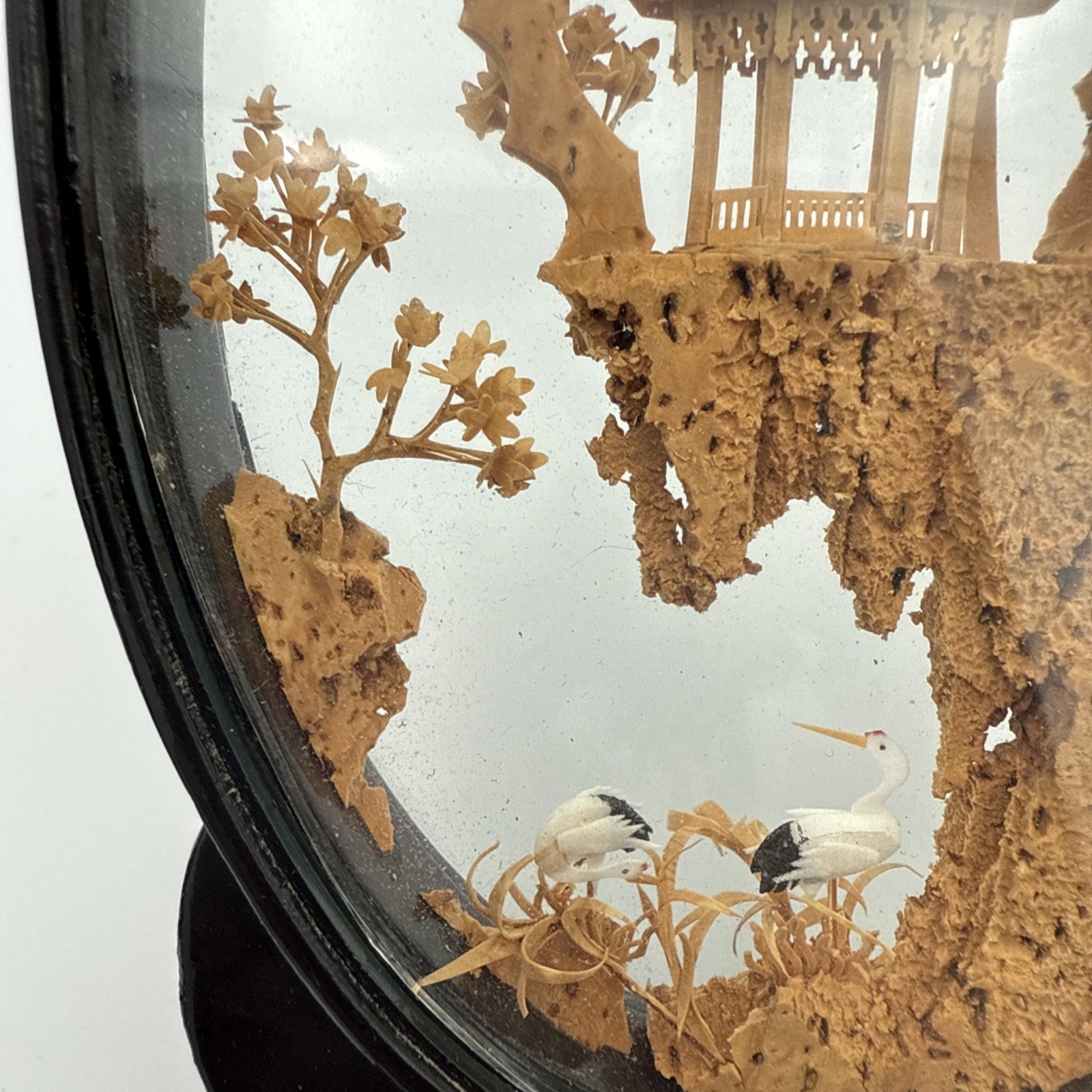 Vintage Chinese Diorama Cork Carving Glass Case Pagoda/Trees/Cranes 8”